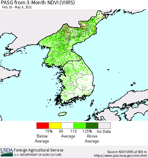 Korea PASG from 3-Month NDVI (VIIRS) Thematic Map For 5/1/2021 - 5/10/2021