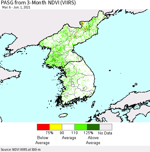 Korea PASG from 3-Month NDVI (VIIRS) Thematic Map For 5/25/2021 - 6/1/2021