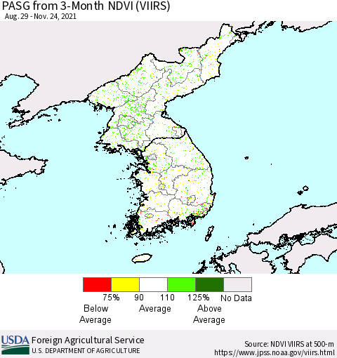 Korea PASG from 3-Month NDVI (VIIRS) Thematic Map For 11/21/2021 - 11/30/2021