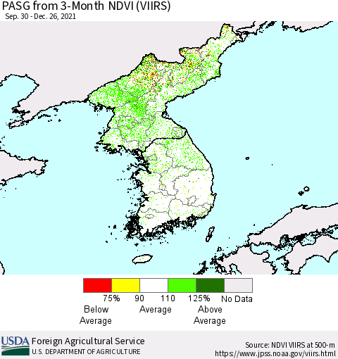 Korea PASG from 3-Month NDVI (VIIRS) Thematic Map For 12/21/2021 - 12/31/2021