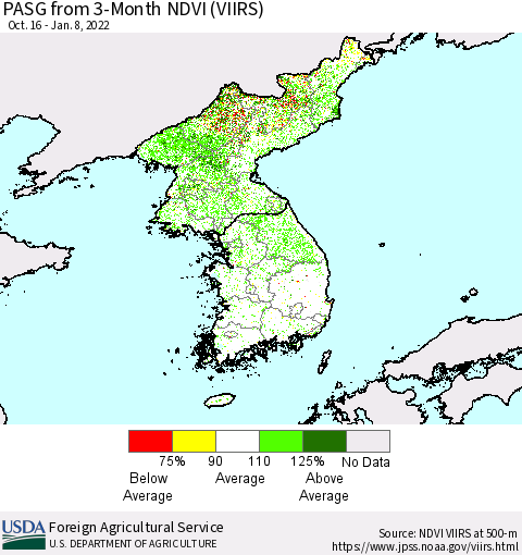 Korea PASG from 3-Month NDVI (VIIRS) Thematic Map For 1/1/2022 - 1/10/2022