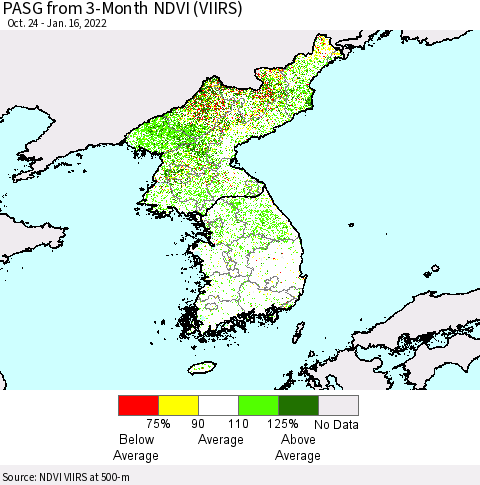 Korea PASG from 3-Month NDVI (VIIRS) Thematic Map For 1/9/2022 - 1/16/2022
