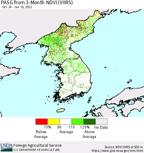 Korea PASG from 3-Month NDVI (VIIRS) Thematic Map For 1/11/2022 - 1/20/2022