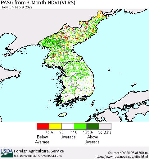 Korea PASG from 3-Month NDVI (VIIRS) Thematic Map For 2/1/2022 - 2/10/2022