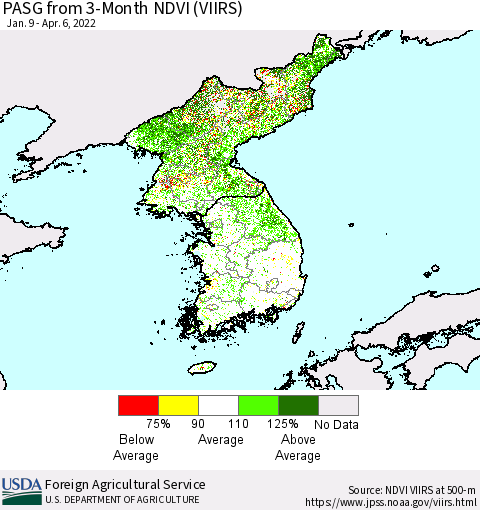 Korea PASG from 3-Month NDVI (VIIRS) Thematic Map For 4/1/2022 - 4/10/2022