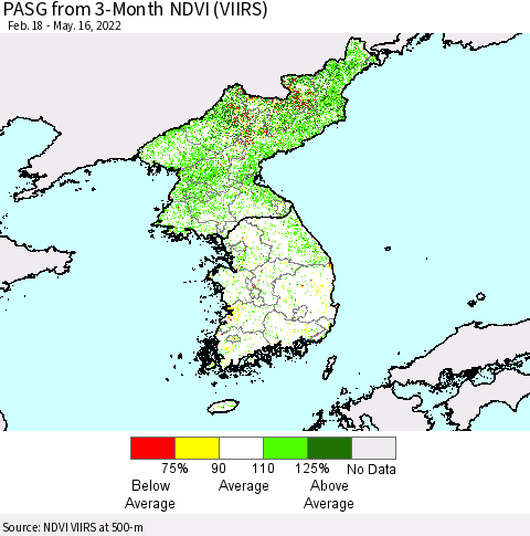 Korea PASG from 3-Month NDVI (VIIRS) Thematic Map For 5/9/2022 - 5/16/2022