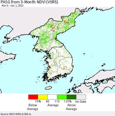 Korea PASG from 3-Month NDVI (VIIRS) Thematic Map For 5/25/2022 - 6/1/2022