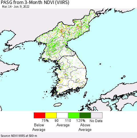 Korea PASG from 3-Month NDVI (VIIRS) Thematic Map For 6/2/2022 - 6/9/2022
