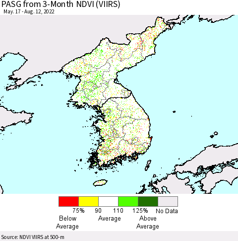 Korea PASG from 3-Month NDVI (VIIRS) Thematic Map For 8/5/2022 - 8/12/2022