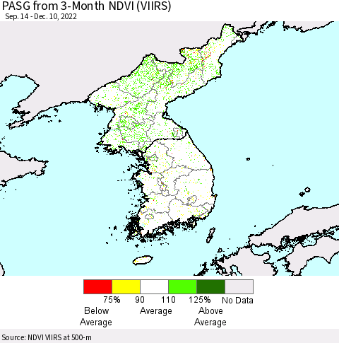 Korea PASG from 3-Month NDVI (VIIRS) Thematic Map For 12/1/2022 - 12/10/2022