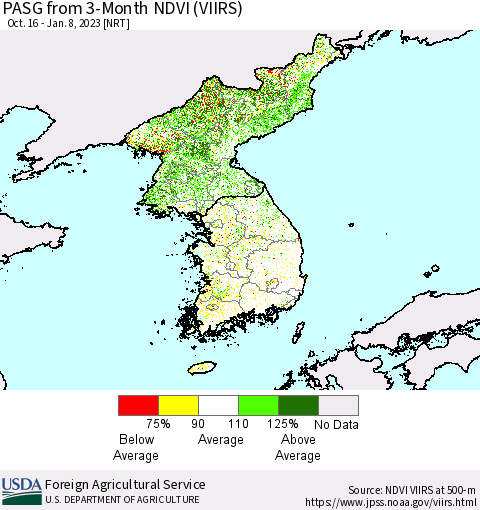 Korea PASG from 3-Month NDVI (VIIRS) Thematic Map For 1/1/2023 - 1/10/2023