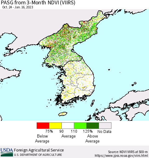 Korea PASG from 3-Month NDVI (VIIRS) Thematic Map For 1/11/2023 - 1/20/2023