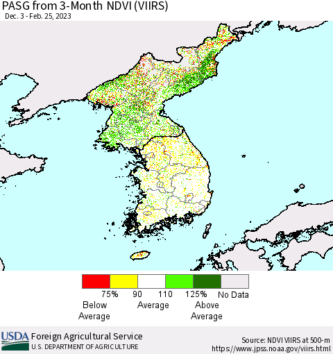 Korea PASG from 3-Month NDVI (VIIRS) Thematic Map For 2/21/2023 - 2/28/2023