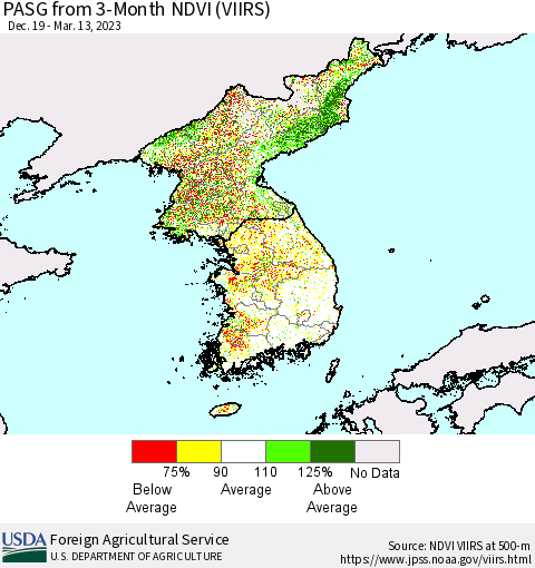 Korea PASG from 3-Month NDVI (VIIRS) Thematic Map For 3/11/2023 - 3/20/2023