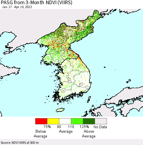 Korea PASG from 3-Month NDVI (VIIRS) Thematic Map For 4/7/2023 - 4/14/2023