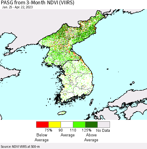 Korea PASG from 3-Month NDVI (VIIRS) Thematic Map For 4/15/2023 - 4/22/2023
