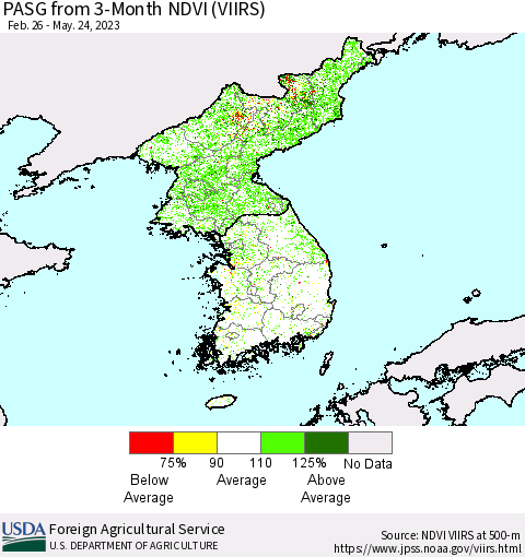Korea PASG from 3-Month NDVI (VIIRS) Thematic Map For 5/21/2023 - 5/31/2023