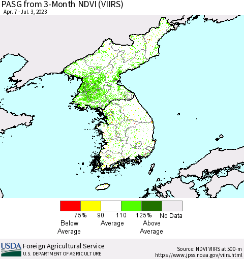 Korea PASG from 3-Month NDVI (VIIRS) Thematic Map For 7/1/2023 - 7/10/2023