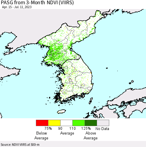 Korea PASG from 3-Month NDVI (VIIRS) Thematic Map For 7/4/2023 - 7/11/2023