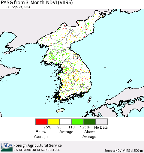 Korea PASG from 3-Month NDVI (VIIRS) Thematic Map For 9/21/2023 - 9/30/2023
