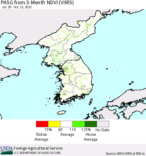 Korea PASG from 3-Month NDVI (VIIRS) Thematic Map For 10/11/2023 - 10/20/2023