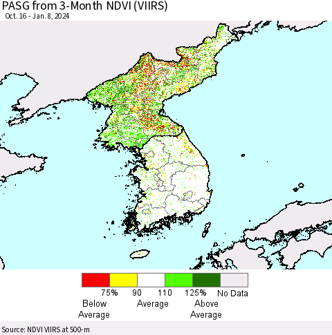 Korea PASG from 3-Month NDVI (VIIRS) Thematic Map For 1/1/2024 - 1/8/2024