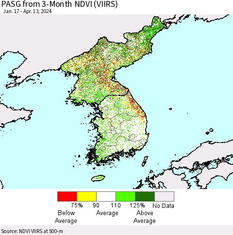 Korea PASG from 3-Month NDVI (VIIRS) Thematic Map For 4/6/2024 - 4/13/2024