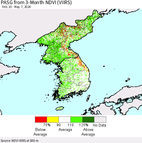 Korea PASG from 3-Month NDVI (VIIRS) Thematic Map For 4/30/2024 - 5/7/2024