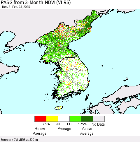 Korea PASG from 3-Month NDVI (VIIRS) Thematic Map For 2/18/2025 - 2/25/2025