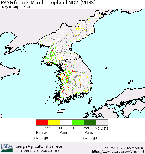 Korea PASG from 3-Month Cropland NDVI (VIIRS) Thematic Map For 8/1/2020 - 8/10/2020