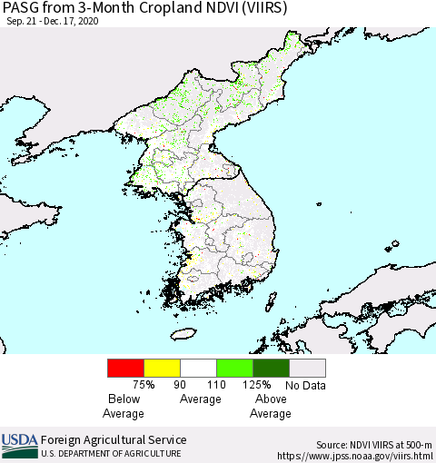 Korea PASG from 3-Month Cropland NDVI (VIIRS) Thematic Map For 12/11/2020 - 12/20/2020