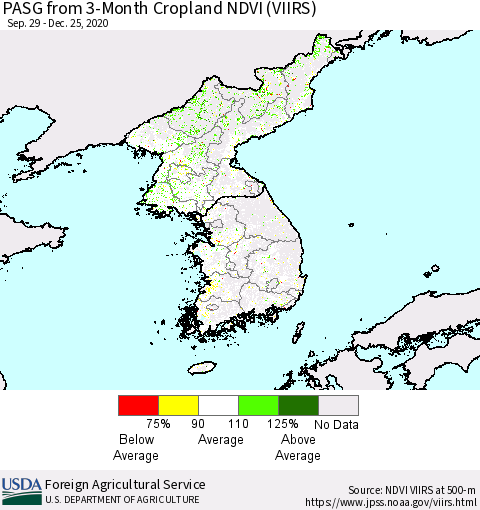 Korea PASG from 3-Month Cropland NDVI (VIIRS) Thematic Map For 12/21/2020 - 12/31/2020