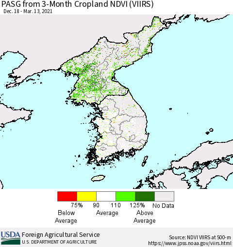 Korea PASG from 3-Month Cropland NDVI (VIIRS) Thematic Map For 3/11/2021 - 3/20/2021