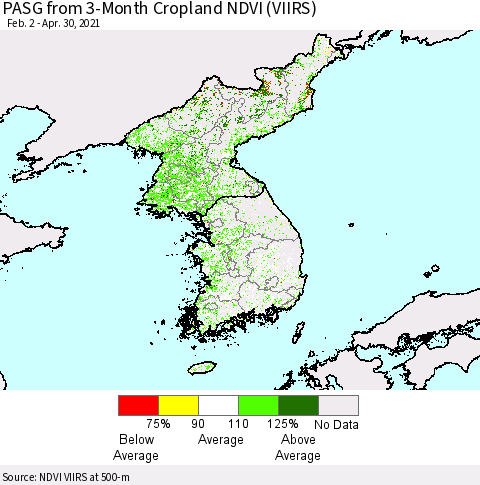 Korea PASG from 3-Month Cropland NDVI (VIIRS) Thematic Map For 4/21/2021 - 4/30/2021