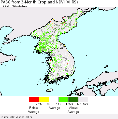 Korea PASG from 3-Month Cropland NDVI (VIIRS) Thematic Map For 5/9/2021 - 5/16/2021