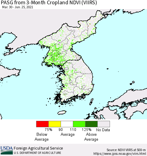 Korea PASG from 3-Month Cropland NDVI (VIIRS) Thematic Map For 6/21/2021 - 6/30/2021