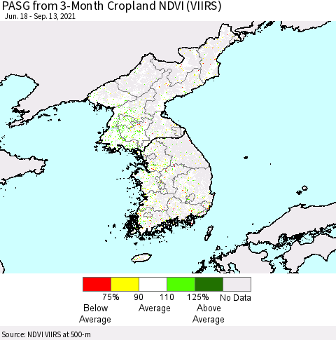 Korea PASG from 3-Month Cropland NDVI (VIIRS) Thematic Map For 9/6/2021 - 9/13/2021