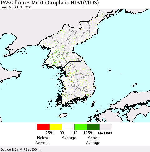 Korea PASG from 3-Month Cropland NDVI (VIIRS) Thematic Map For 10/21/2021 - 10/31/2021
