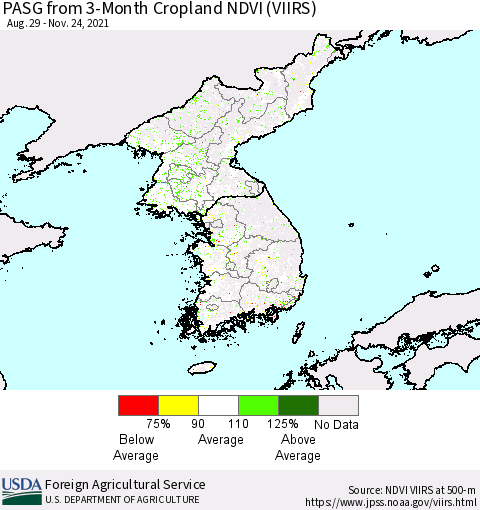 Korea PASG from 3-Month Cropland NDVI (VIIRS) Thematic Map For 11/21/2021 - 11/30/2021