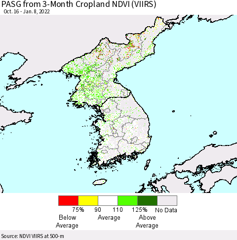 Korea PASG from 3-Month Cropland NDVI (VIIRS) Thematic Map For 1/1/2022 - 1/8/2022
