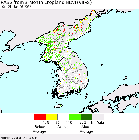 Korea PASG from 3-Month Cropland NDVI (VIIRS) Thematic Map For 1/9/2022 - 1/16/2022
