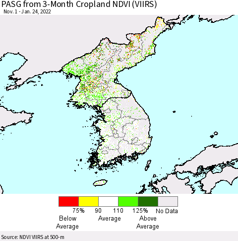 Korea PASG from 3-Month Cropland NDVI (VIIRS) Thematic Map For 1/17/2022 - 1/24/2022