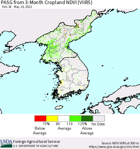 Korea PASG from 3-Month Cropland NDVI (VIIRS) Thematic Map For 5/11/2022 - 5/20/2022