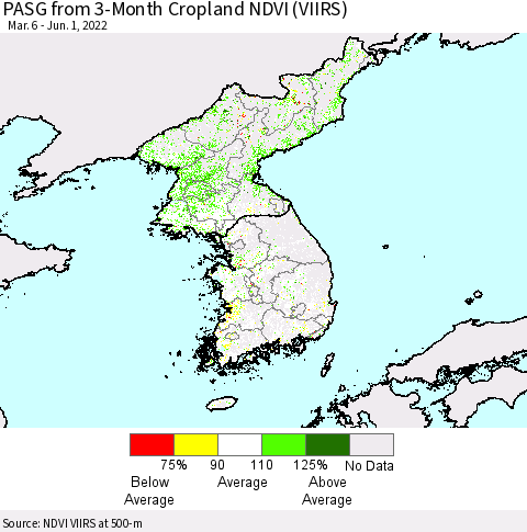 Korea PASG from 3-Month Cropland NDVI (VIIRS) Thematic Map For 5/25/2022 - 6/1/2022