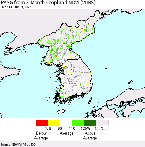 Korea PASG from 3-Month Cropland NDVI (VIIRS) Thematic Map For 6/2/2022 - 6/9/2022