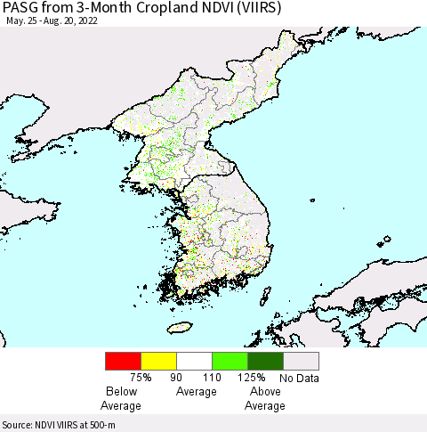 Korea PASG from 3-Month Cropland NDVI (VIIRS) Thematic Map For 8/11/2022 - 8/20/2022