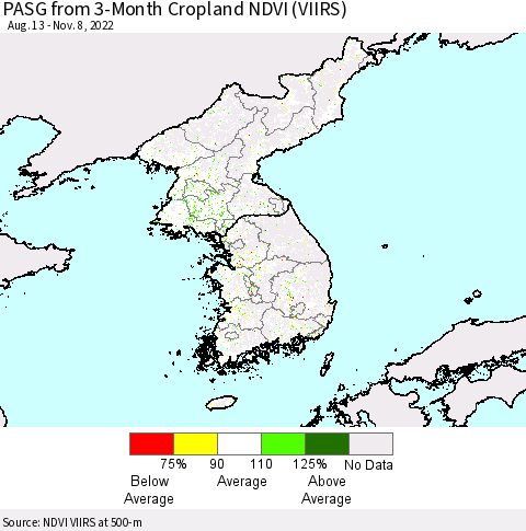 Korea PASG from 3-Month Cropland NDVI (VIIRS) Thematic Map For 11/1/2022 - 11/8/2022