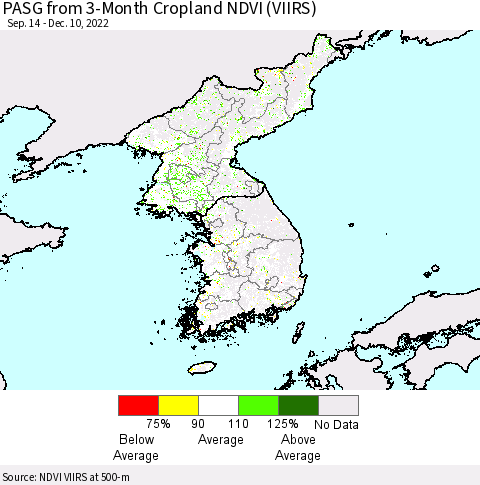 Korea PASG from 3-Month Cropland NDVI (VIIRS) Thematic Map For 12/1/2022 - 12/10/2022