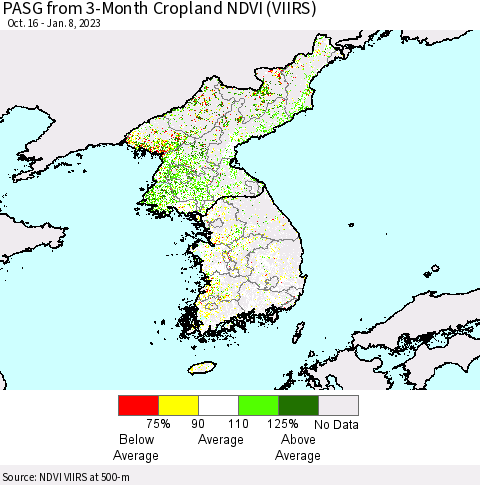 Korea PASG from 3-Month Cropland NDVI (VIIRS) Thematic Map For 1/1/2023 - 1/8/2023