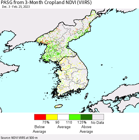 Korea PASG from 3-Month Cropland NDVI (VIIRS) Thematic Map For 2/18/2023 - 2/25/2023